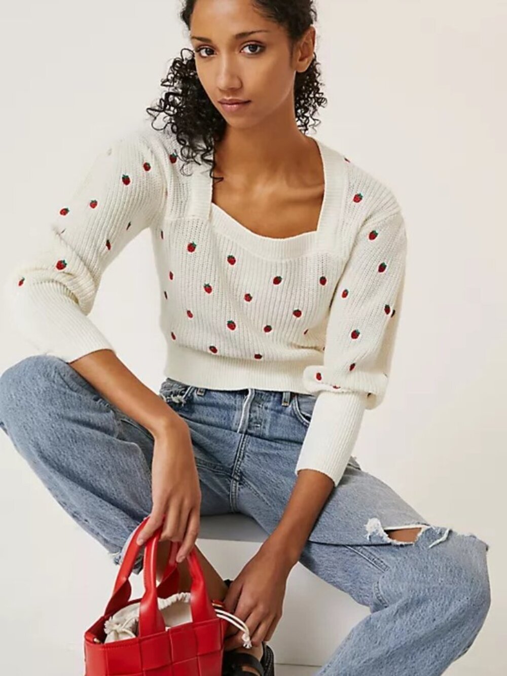 Maeve Embroidered Strawberry Novelty Print Sweater Top Boho Coquette Picnic SP